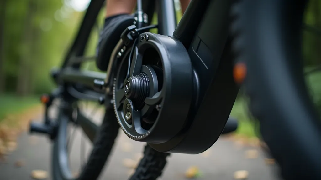 Tuvplāns e-velosipēda motora un ķēdes detaļu, metāla gloss, profesionāla fotostudija gaisma
