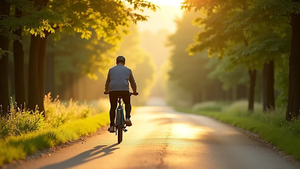 Velosipēdists e-velosipēdā uz kalnu ceļa starp zaļiem kokiem, skaists laika apstākļi