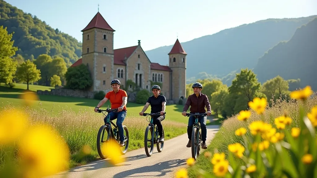 Vēsturiskā Siguldas pils drupas fona ar velosipēdistiem uz e-velosipēdiem maršruta laikā
