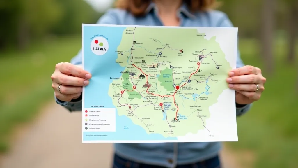 Lamināta velomaršruta karte ar Siguldas apkārtni, marķēti atrakciju punkti un atpūtas vietas