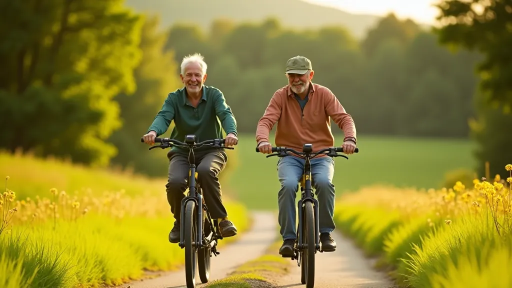 Senioru pāris brauc uz e-velosipēdiem zaļā dabas vidē